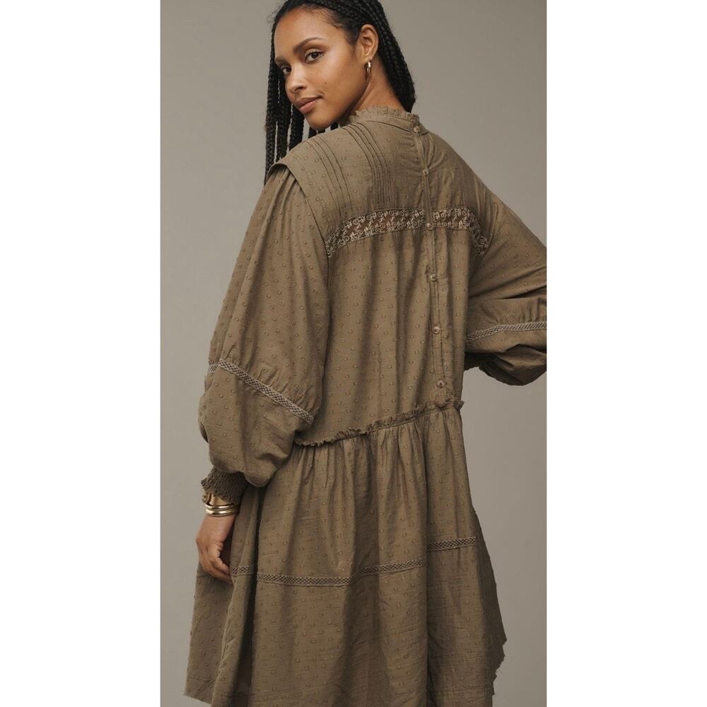 Pilcro Long Sleeve Mock Neck Swing Mini Dress Size L Rustic Olive Boho Eyelet - Picture 2 of 16